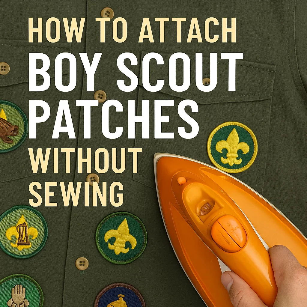 Green Boy Scout uniform covered with multiple embroidered merit badges, while a hand uses an orange iron to attach a new patch. Bold text reads ‘How to Attach Boy Scout Patches Without Sewing.
