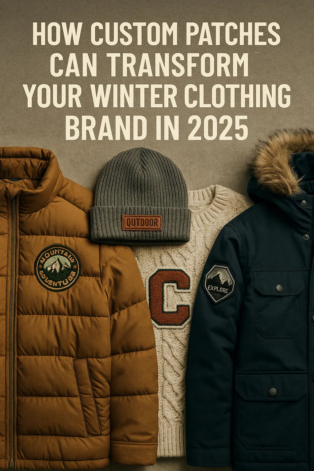 Winter fashion clothing with custom patches including embroidered, PVC, leather, and chenille patches on jackets, sweaters, and beanies, highlighting how patches transform clothing brands in 2025.