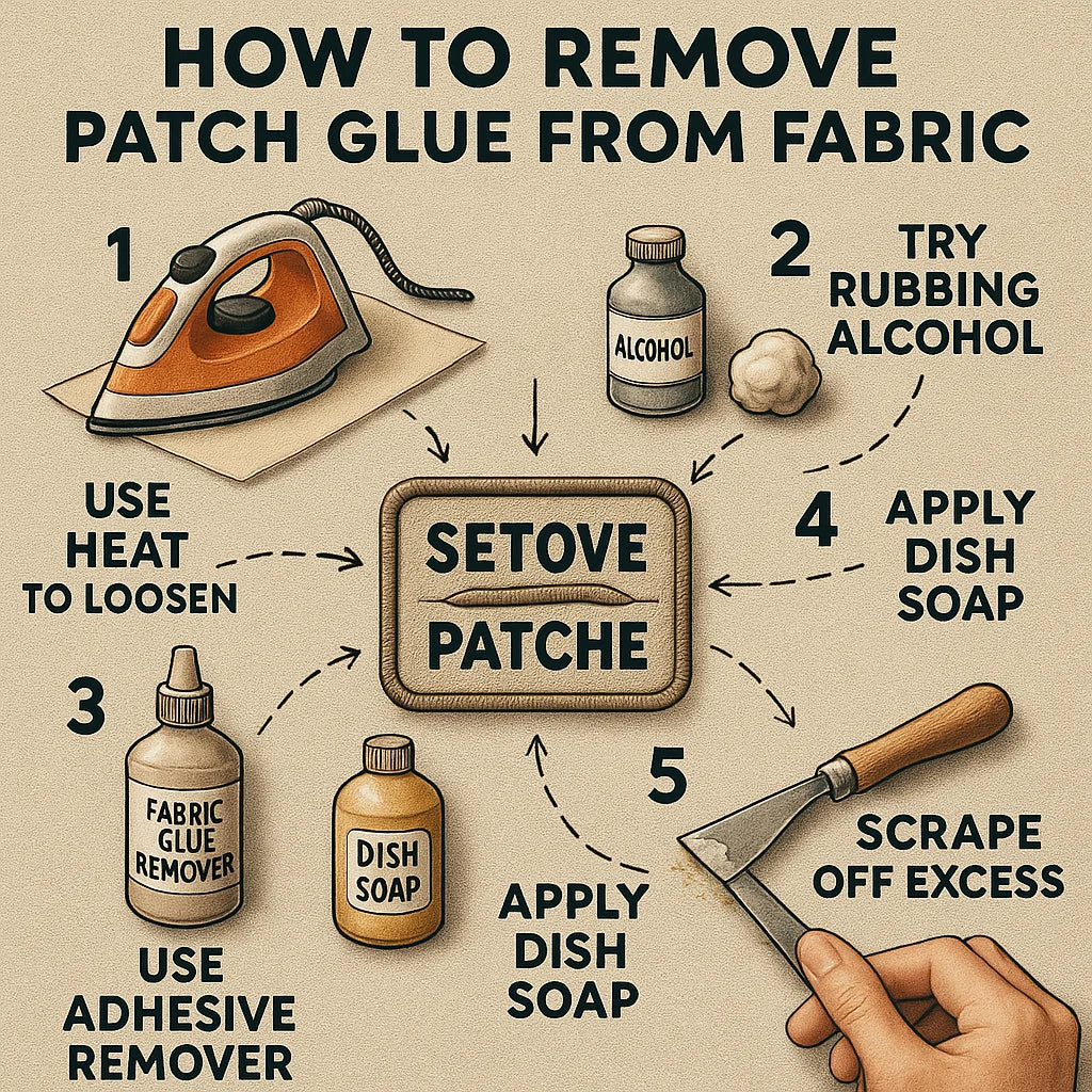 Step-by-step illustrated guide showing seven methods to remove patch glue from fabric, including using heat with an iron, rubbing alcohol, dish soap, adhesive remover, vinegar solution, scraping off excess glue, and washing the fabric.