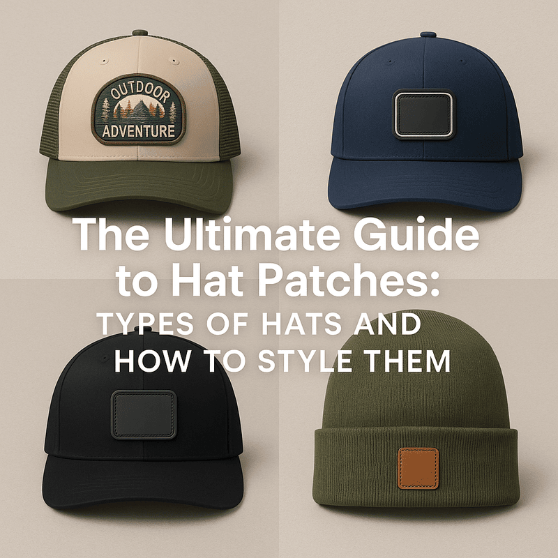 Collage of four hats with embroidered, PVC, leather, and minimalist patches.