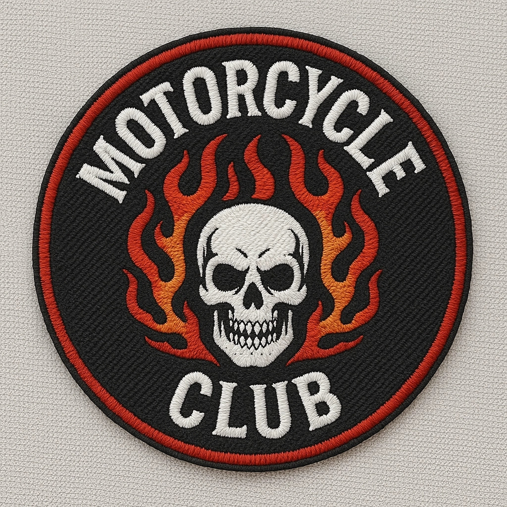 Custom motorcycle club patch with flaming skull embroidery for biker groups in USA – round design for vests and jackets