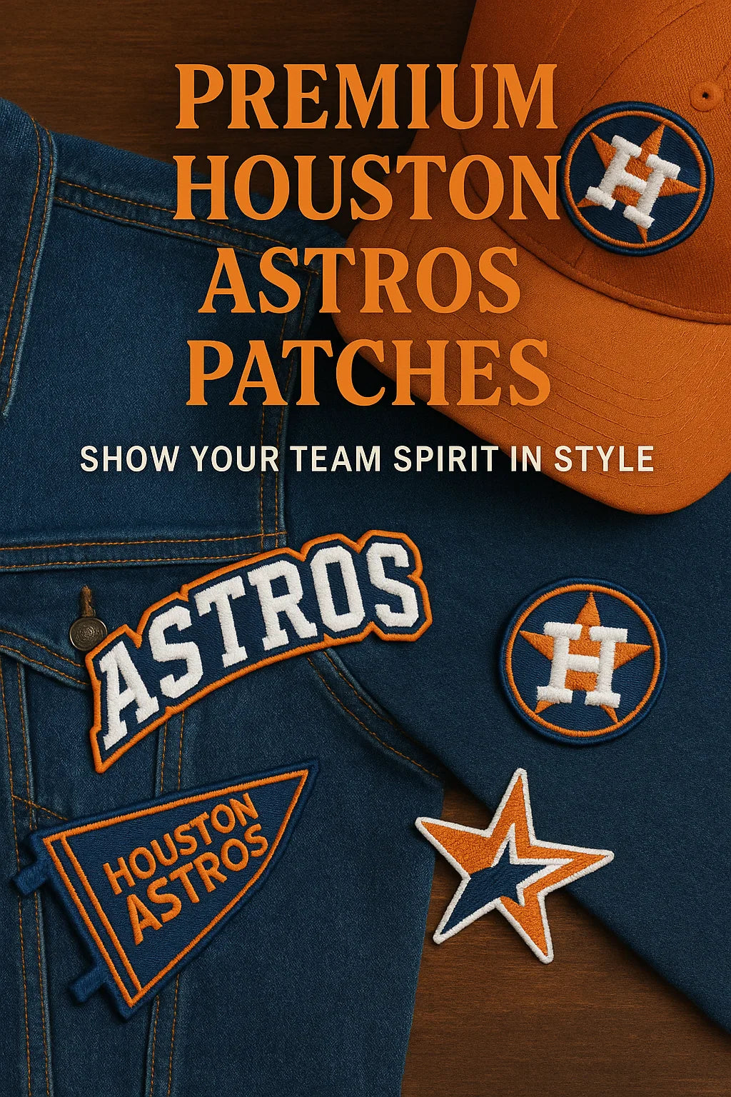 Orange Houston Astros cap and blue denim jacket decorated with multiple premium Astros patches, including classic and modern designs, displayed with bold orange and white text reading ‘Premium Houston Astros Patches – Show Your Team Spirit in Style.