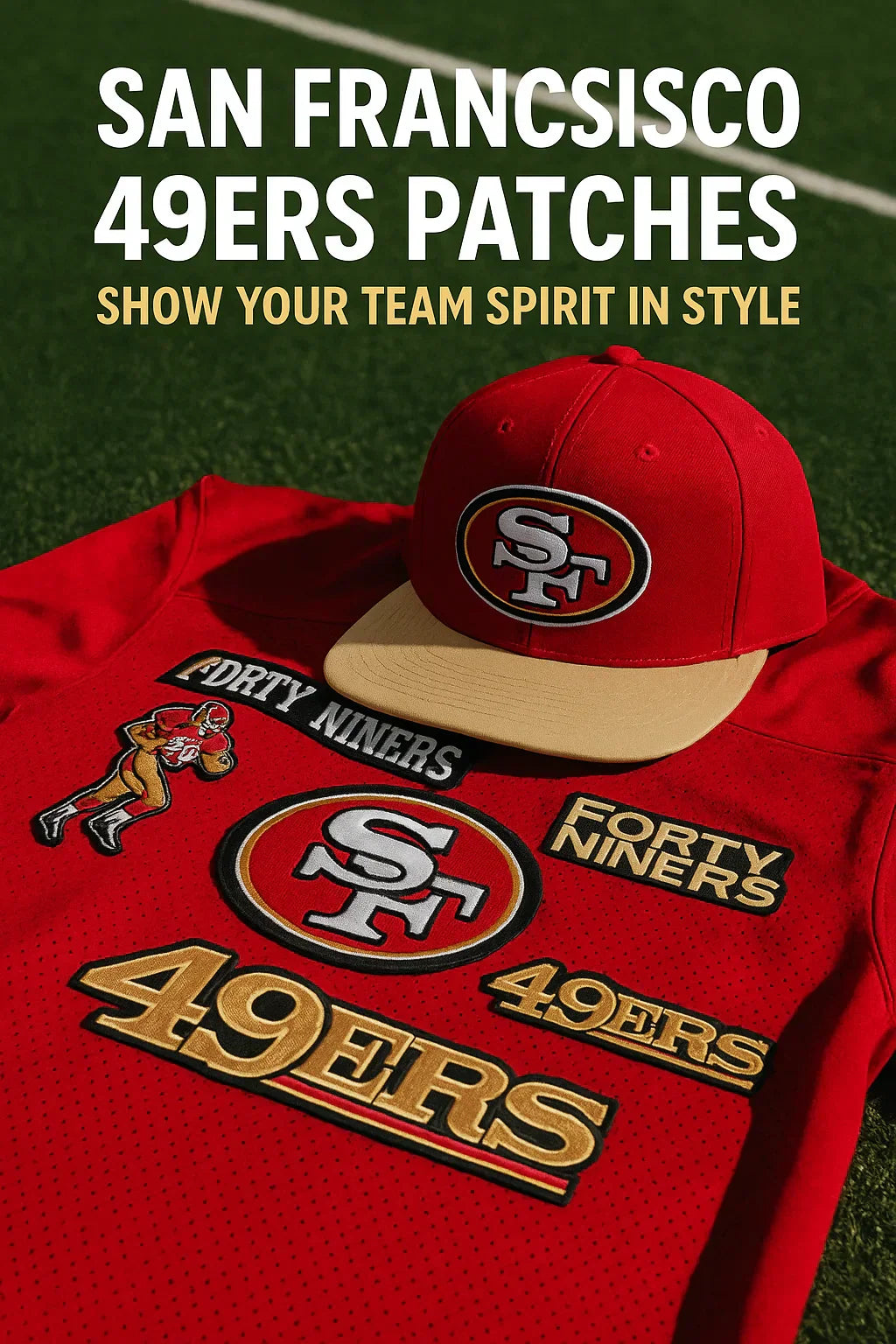 Red San Francisco 49ers jersey laid on green turf with multiple embroidered 49ers patches and a matching red-and-gold snapback hat, with bold text reading ‘San Francisco 49ers Patches – Show Your Team Spirit in Style.