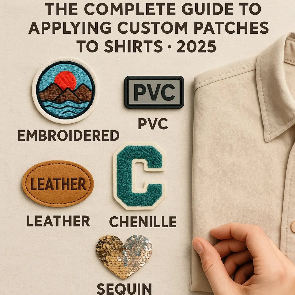 Infographic showing five types of custom patches for shirts in 2025: embroidered, PVC, leather, chenille, and sequin, with a beige shirt on the side displaying a patch.