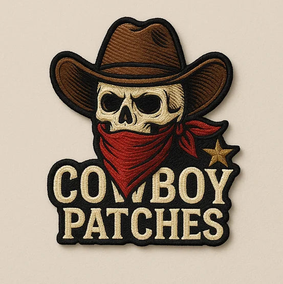 Embroidered cowboy patch featuring a western hat, skull, and star design stitched on a denim jacket – custom cowboy patches USA for jackets and vests.