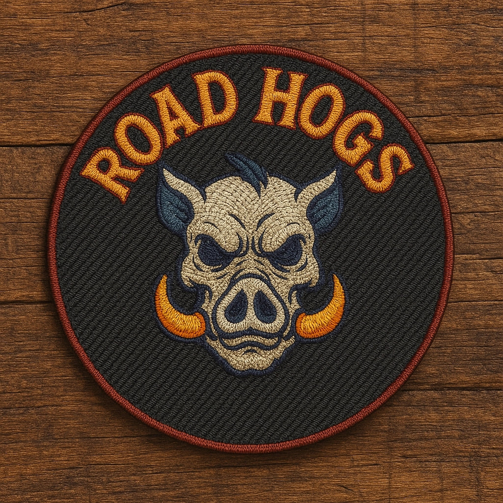 Custom embroidered biker patch with crossed pistons for motorcycle clubs in USA – durable round design for jackets and vests