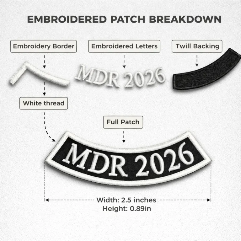 Embroidered curved patch reading “MDR 2026” in white thread on a black twill backing, with a thick white embroidered border. The image is a labeled breakdown showing separate components including the border, embroidered letters, and twill fabric, with arrows pointing to each part and the full patch displayed at the bottom with size measurements.