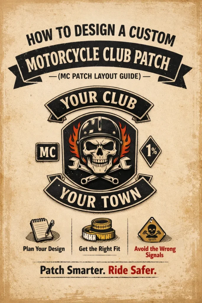MC patch layout guide — custom motorcycle club patch design with top rocker, center patch, and bottom rocker