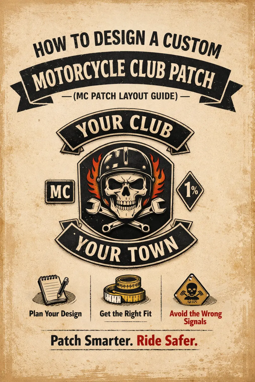 MC patch layout guide — custom motorcycle club patch design with top rocker, center patch, and bottom rocker