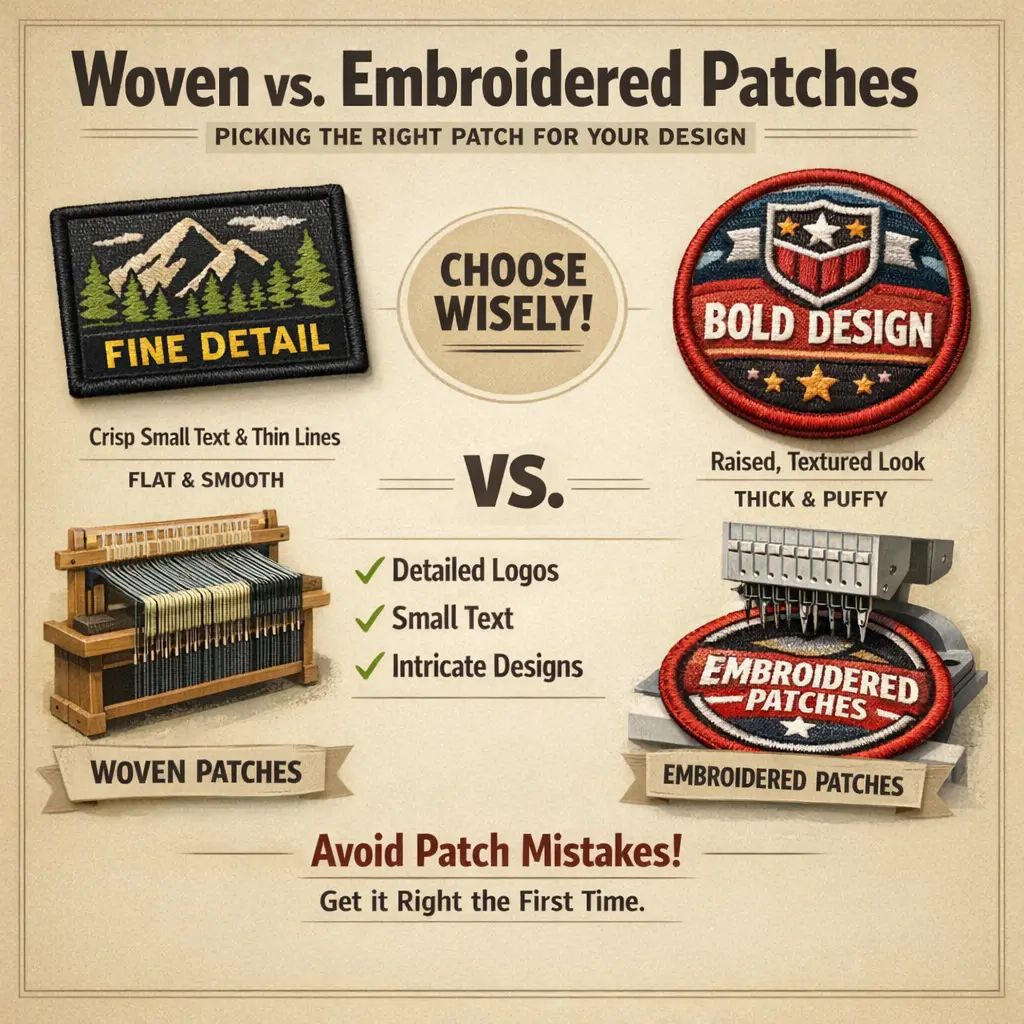 Woven vs embroidered patches comparison showing a flat mountain scene woven patch with fine detail beside a bold raised embroidered shield patch