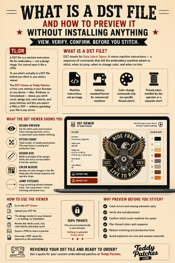 Preview DST embroidery files free in your browser. Check stitch count, design size, color blocks & jump stitches. Works on Mac & Windows. No upload needed.