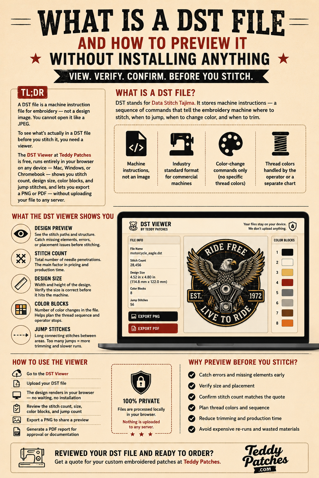 Preview DST embroidery files free in your browser. Check stitch count, design size, color blocks & jump stitches. Works on Mac & Windows. No upload needed.