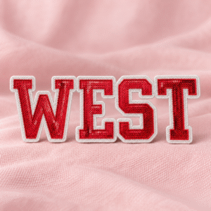 WEST varsity sequin patch on blush fabric-11